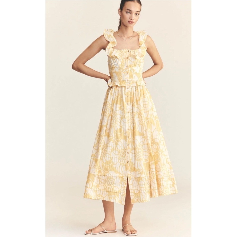 Pilcro Anthropologie Yellow Floral Smocked Ruffle Midi Dress MP